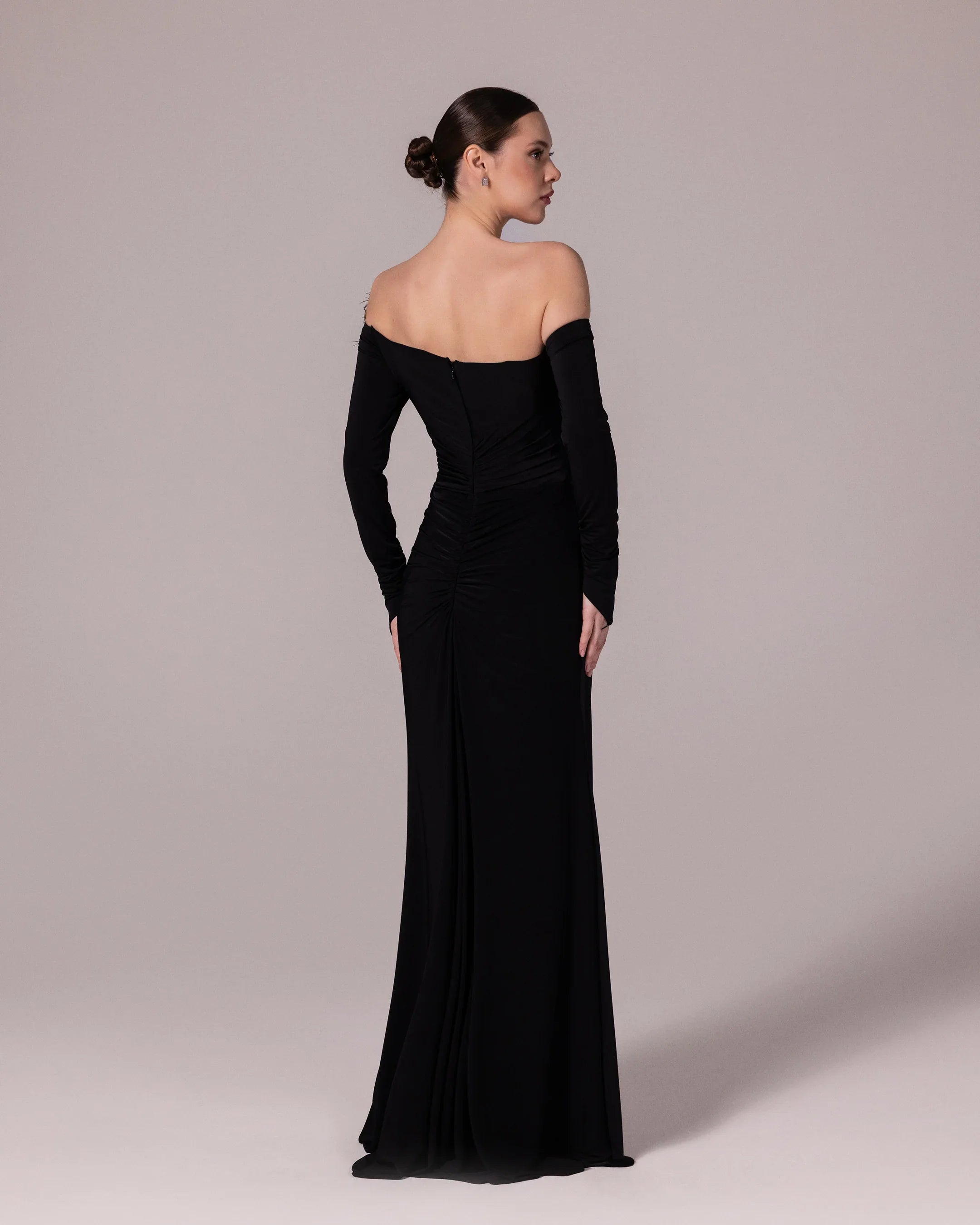25141-Feather Detail Off-Shoulder Evening Gown