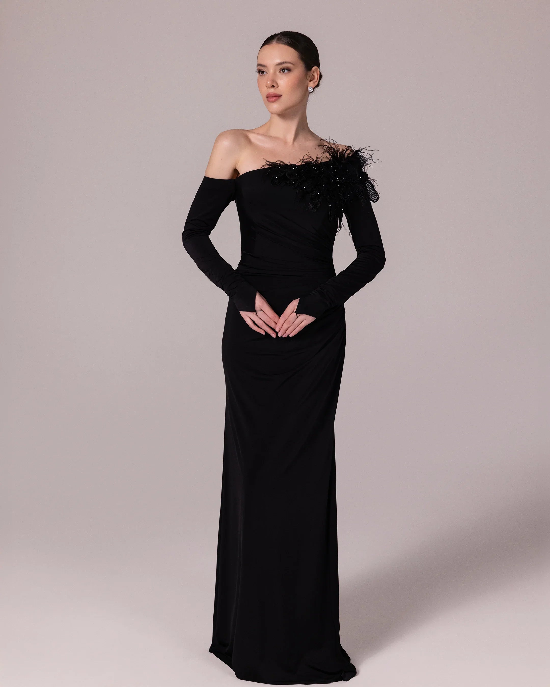 25141-Feather Detail Off-Shoulder Evening Gown