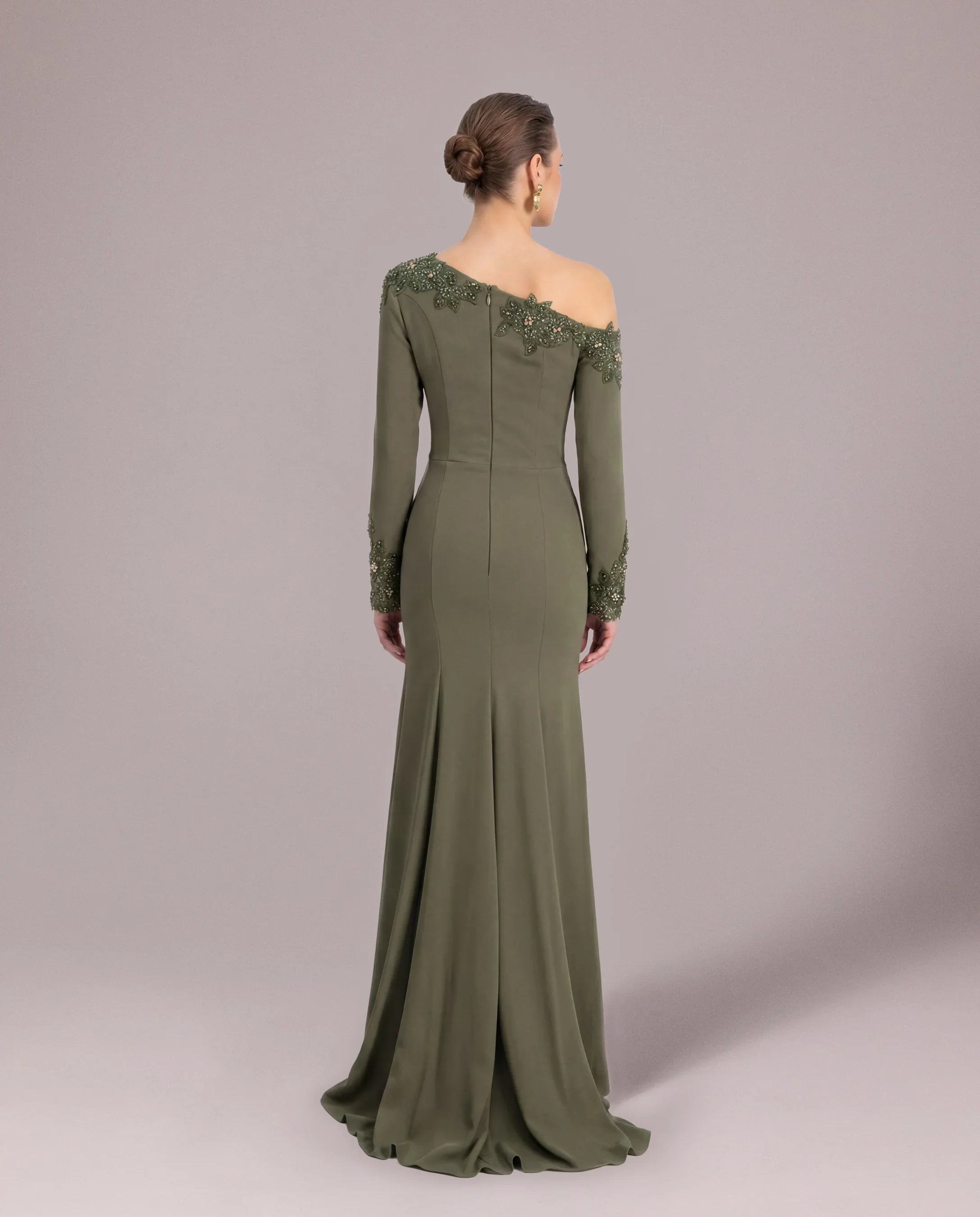 25144-Embroidered Shoulder Detail Mermaid Evening Dress