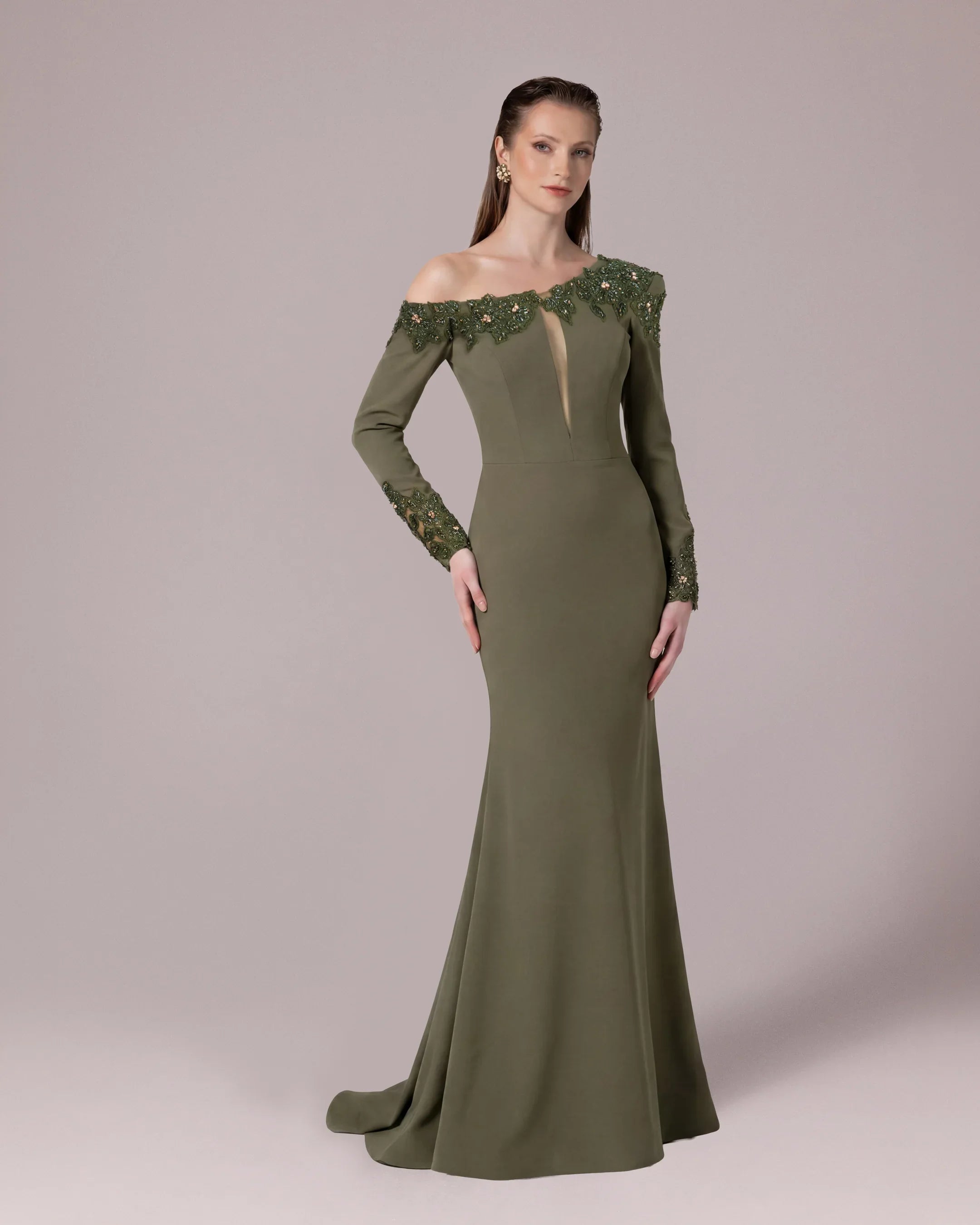 25144-Embroidered Shoulder Detail Mermaid Evening Dress