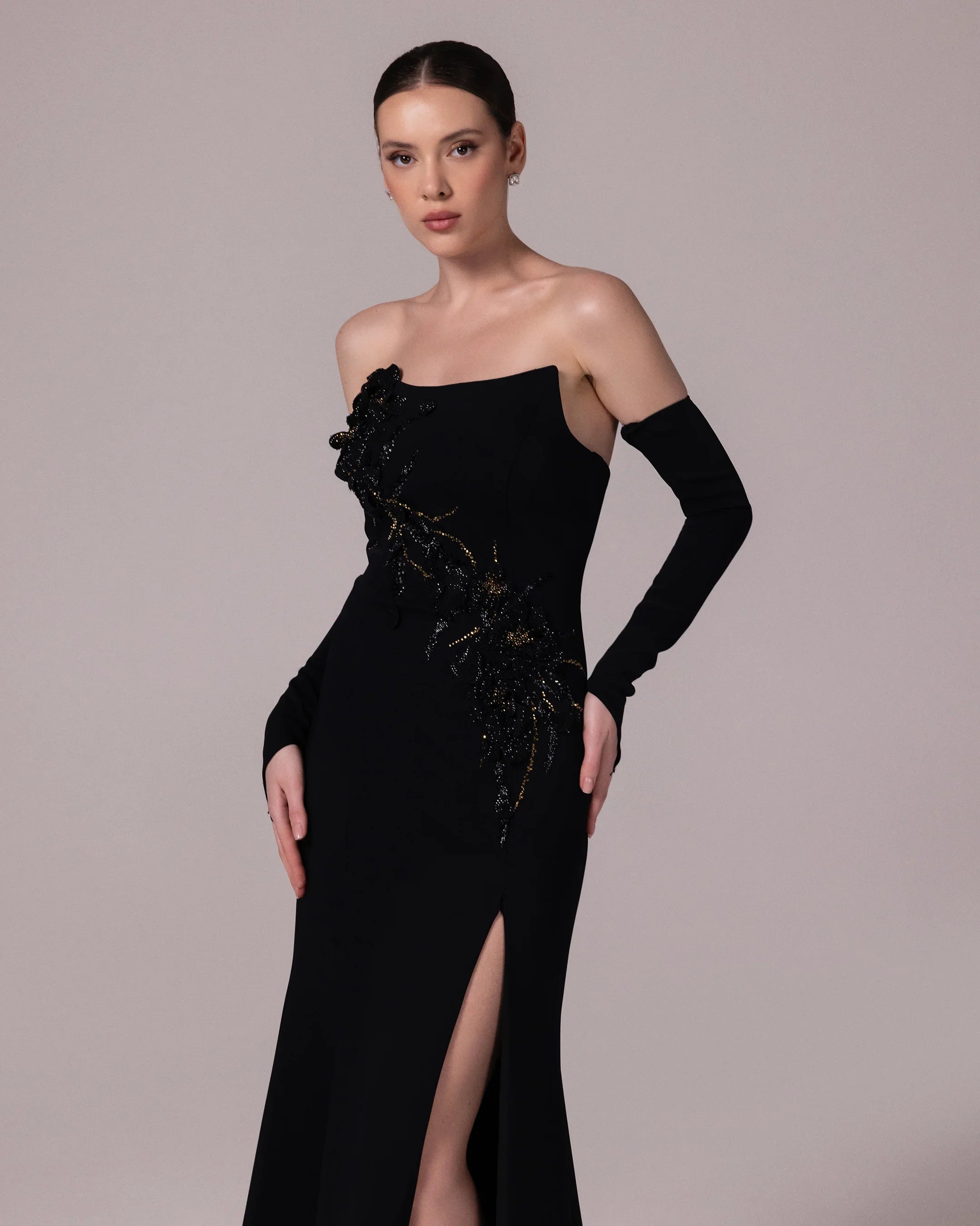 25145-Black Evening Dress with Appliqué Embroidered Long Glove Sleeves