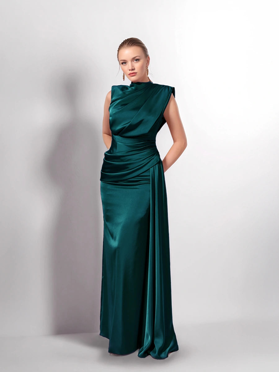 25149-Degaje Dökümlü Yan Kuyruk Detaylı Abiye Elbise