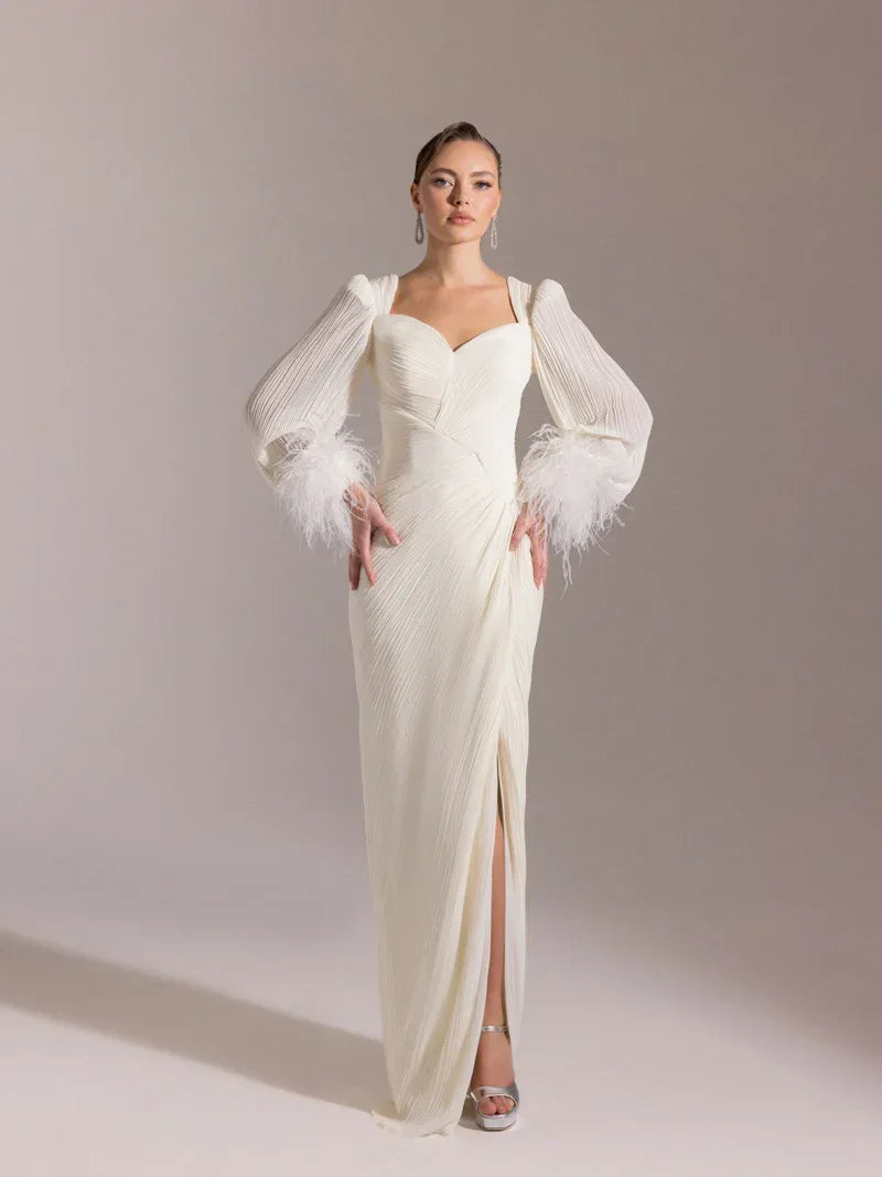 25152-Kolları Otrişli, Pliseli Yıtrmaçlı Abiye Elbise - Kenzel