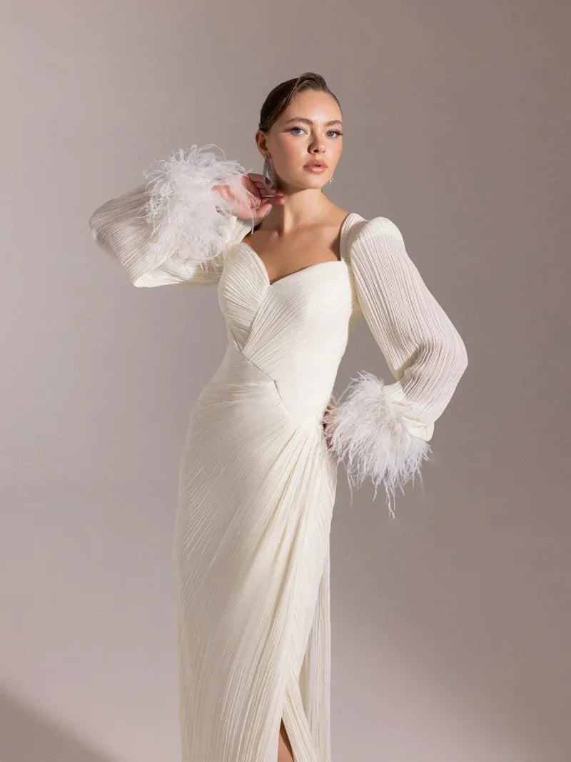 25152-Kolları Otrişli, Pliseli Yıtrmaçlı Abiye Elbise - Kenzel