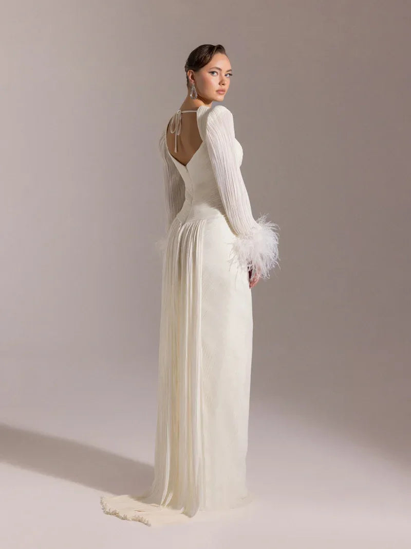 25152-Kolları Otrişli, Pliseli Yıtrmaçlı Abiye Elbise - Kenzel