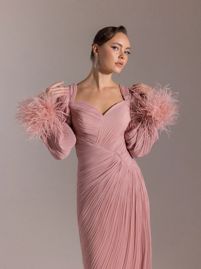 25152-Kolları Otrişli, Pliseli Yıtrmaçlı Abiye Elbise