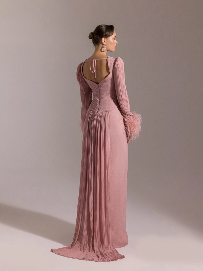 25152-Kolları Otrişli, Pliseli Yıtrmaçlı Abiye Elbise