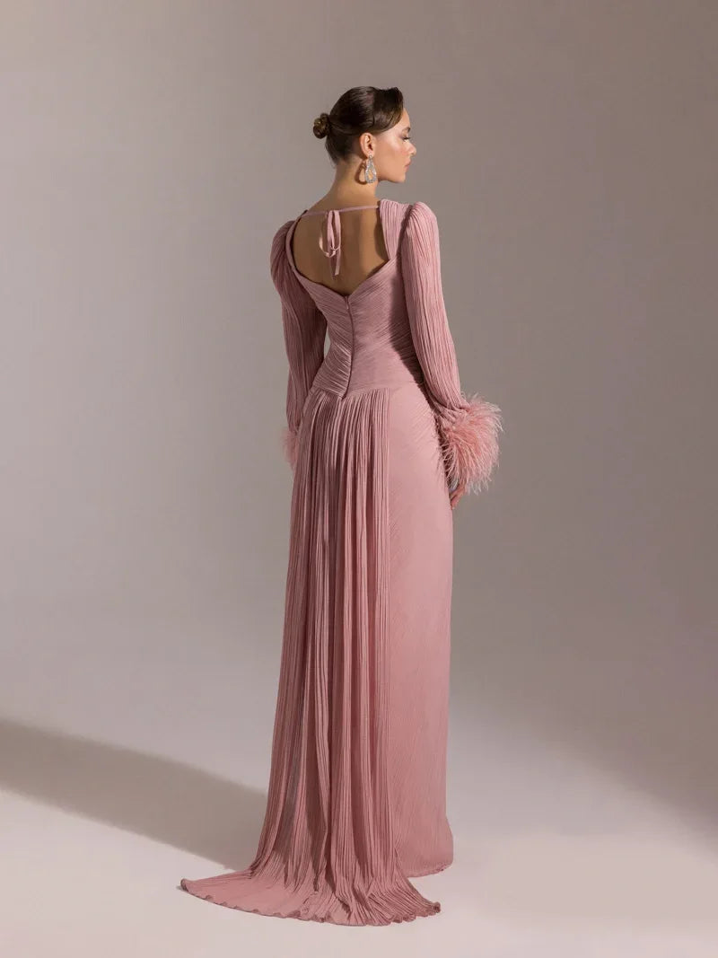 25152-Kolları Otrişli, Pliseli Yıtrmaçlı Abiye Elbise - Kenzel