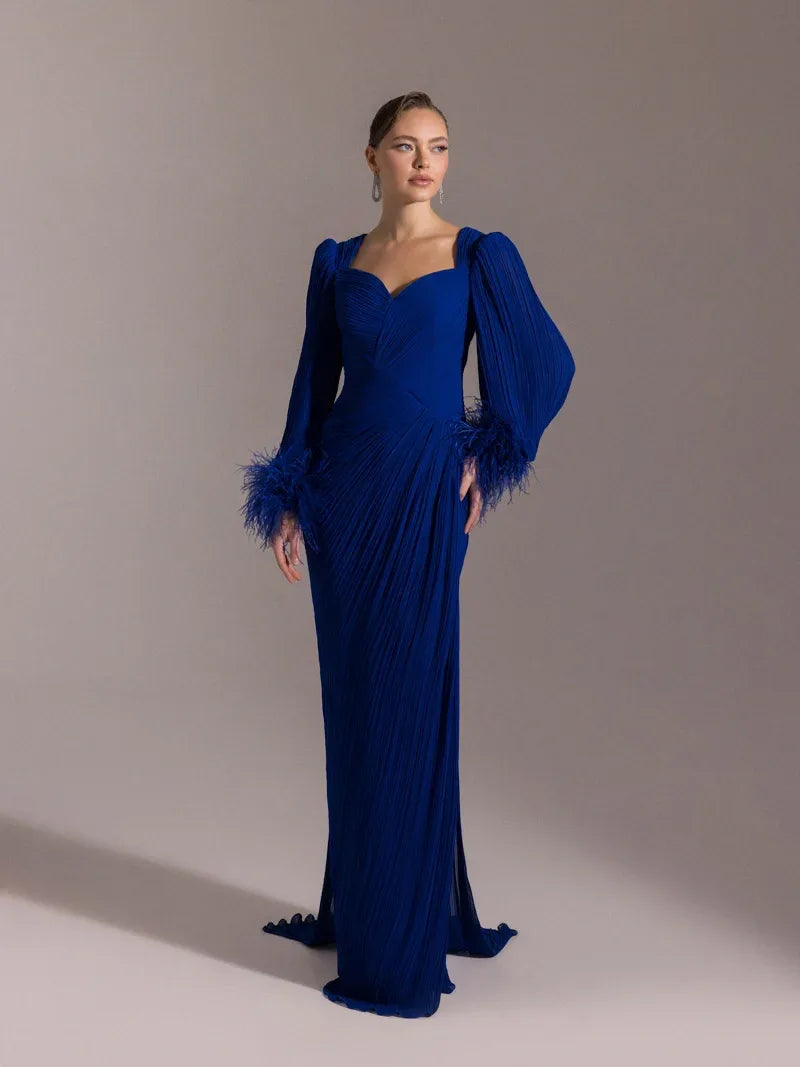 25152-Kolları Otrişli, Pliseli Yıtrmaçlı Abiye Elbise - Kenzel