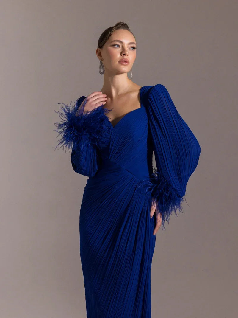 25152-Kolları Otrişli, Pliseli Yıtrmaçlı Abiye Elbise - Kenzel