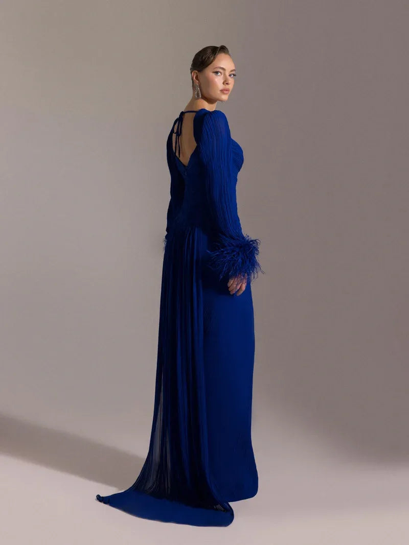 25152-Kolları Otrişli, Pliseli Yıtrmaçlı Abiye Elbise - Kenzel