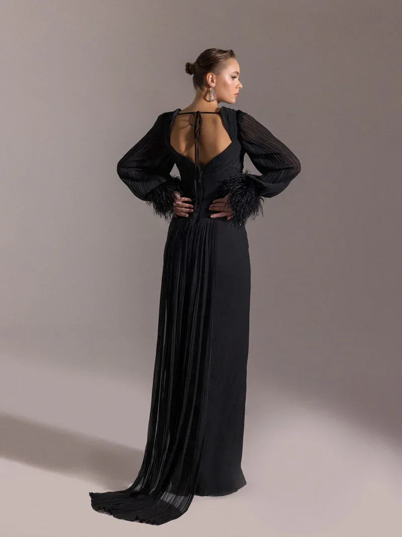 25152-Kolları Otrişli, Pliseli Yıtrmaçlı Abiye Elbise - Kenzel