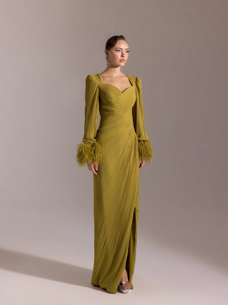 25152-Kolları Otrişli, Pliseli Yıtrmaçlı Abiye Elbise