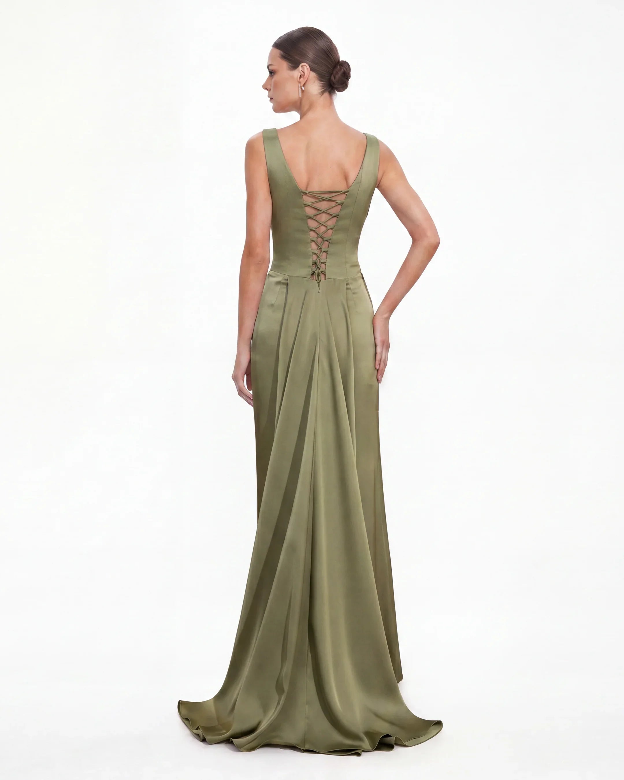 25156-Draped Shawl-Collar Satin Long Evening Dress