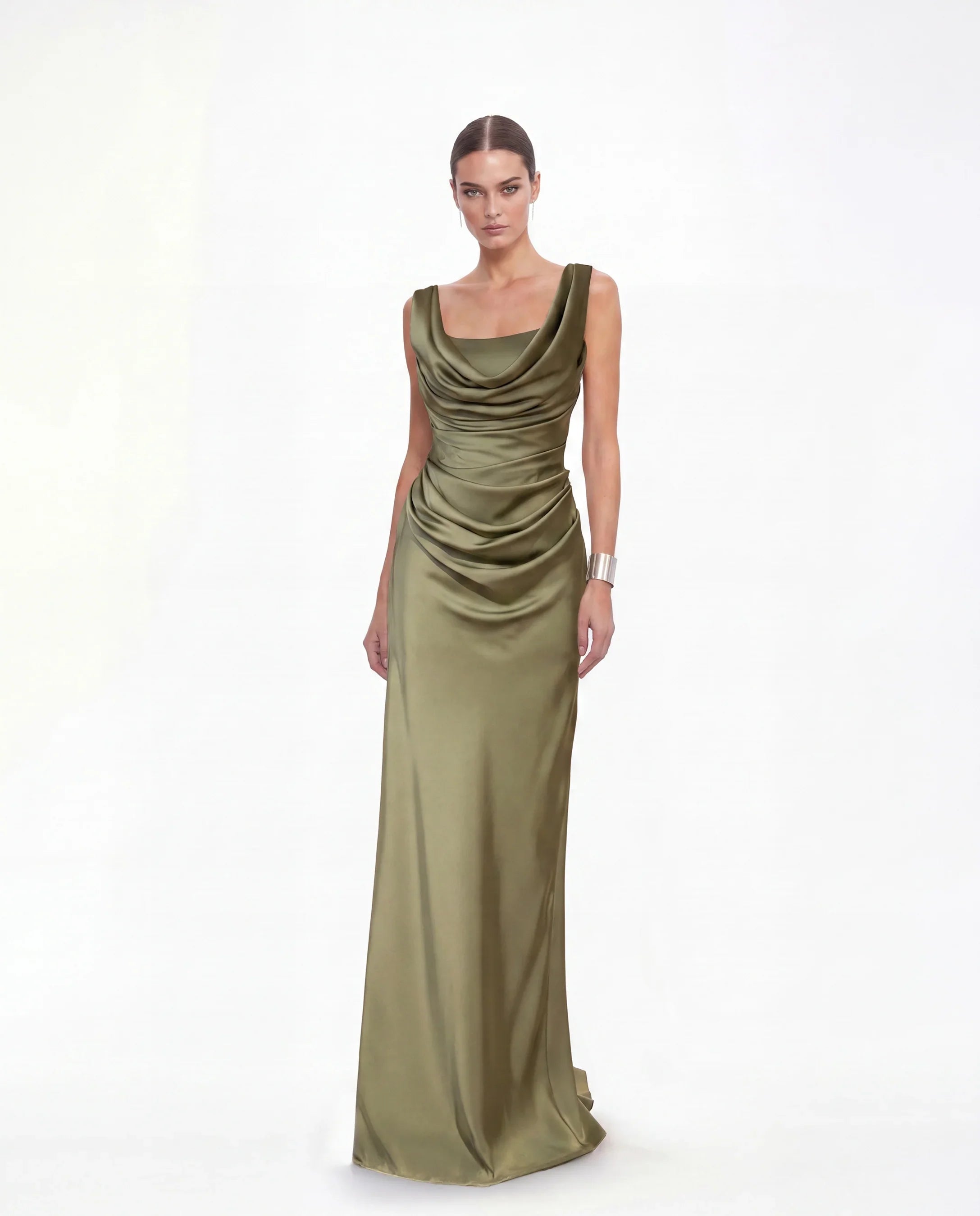 25156-Draped Shawl-Collar Satin Long Evening Dress