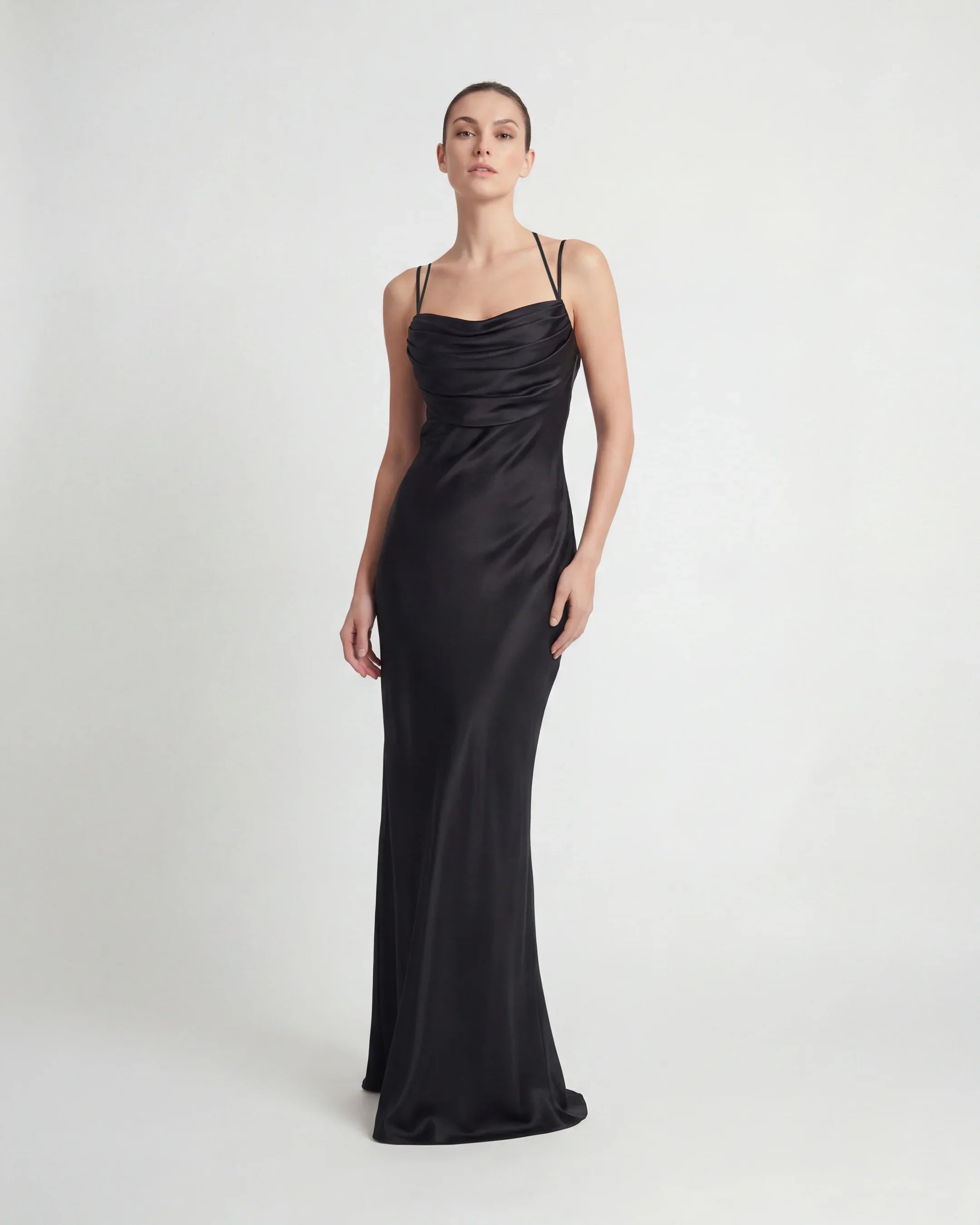 25158-Cowl Neck Thin Strapped Long Evening Dress