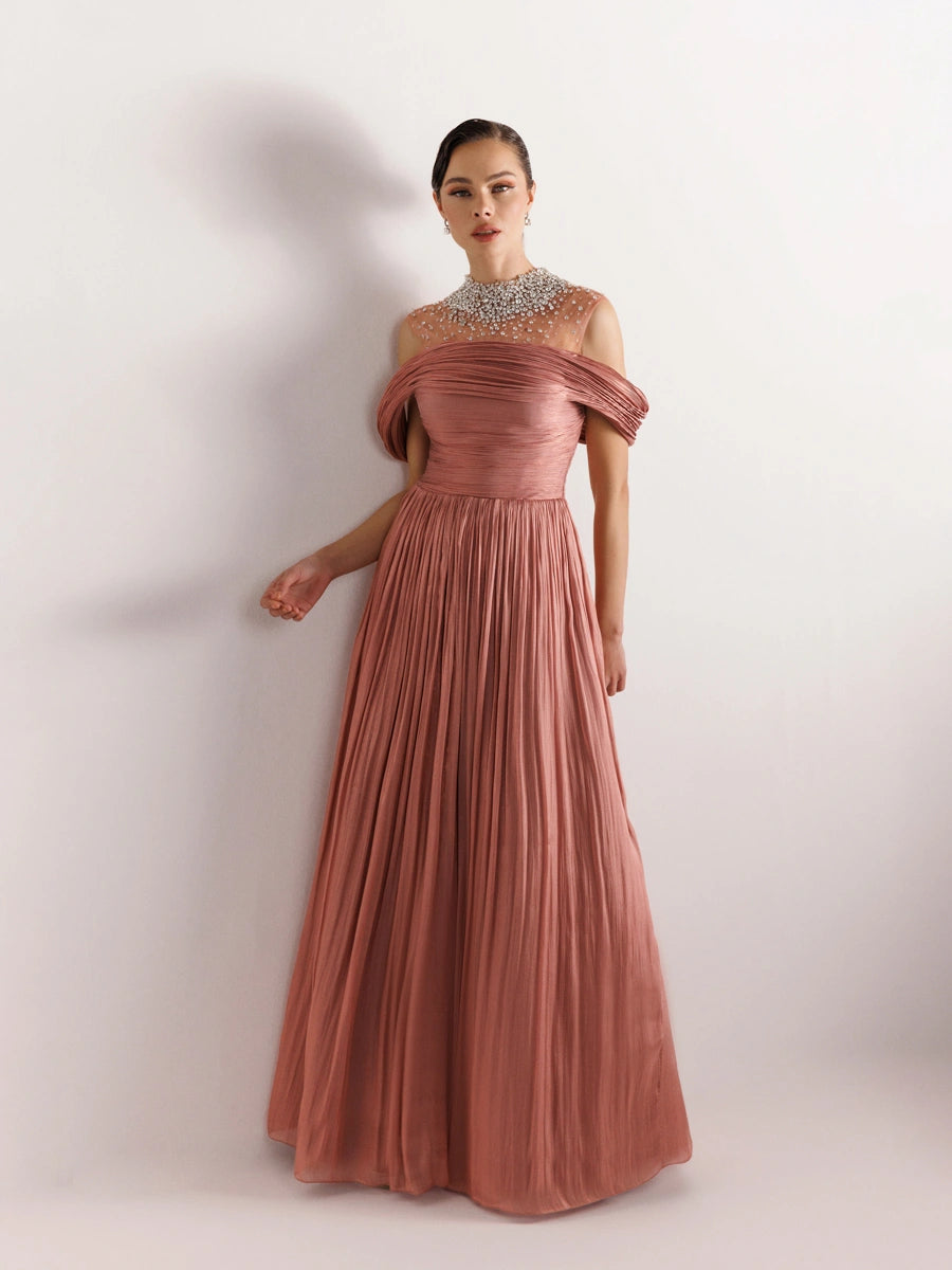 25159-Straplez Görünümlü Pliseli Kabarık Elbise