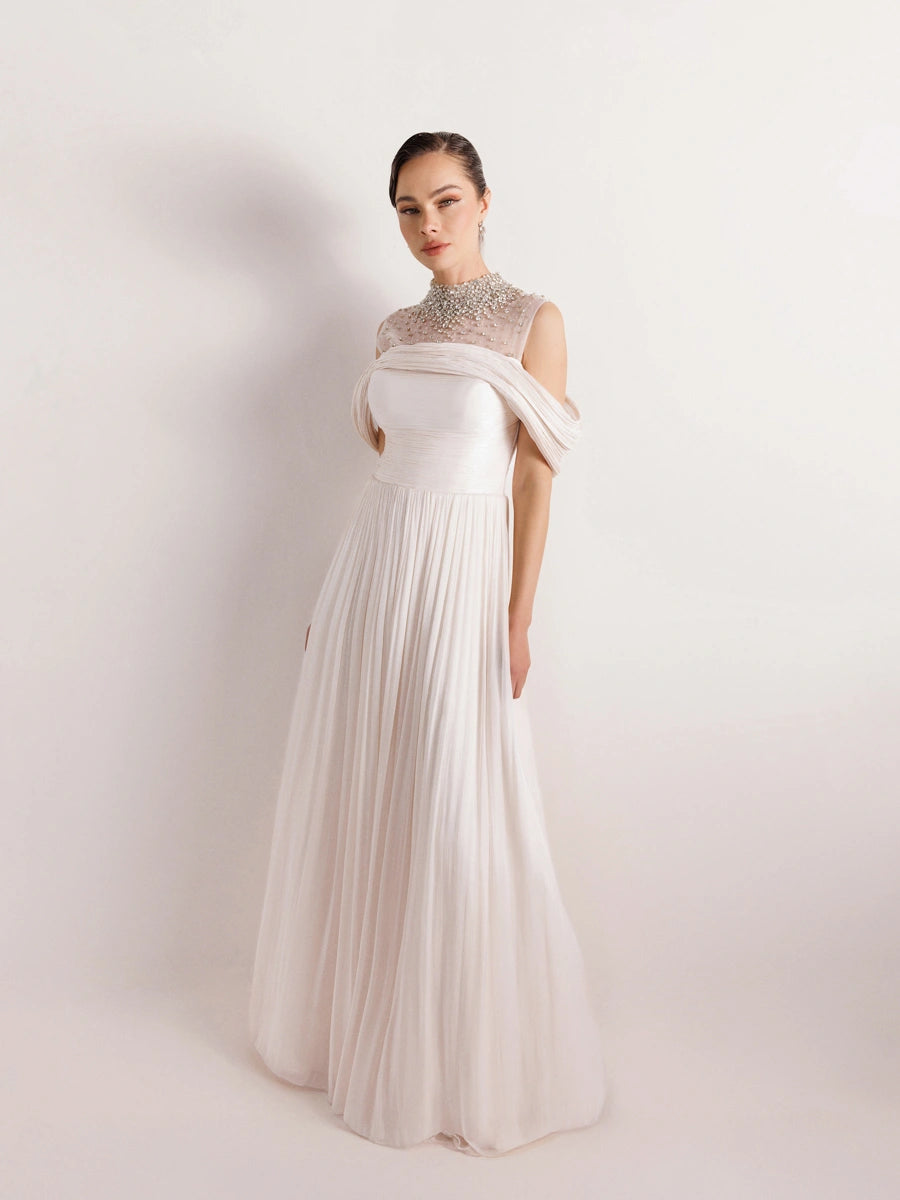 25159-Straplez Görünümlü Pliseli Kabarık Elbise