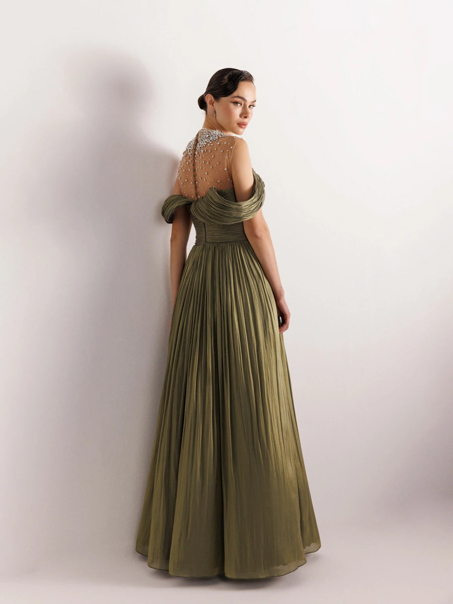 25159-Straplez Görünümlü Pliseli Kabarık Elbise