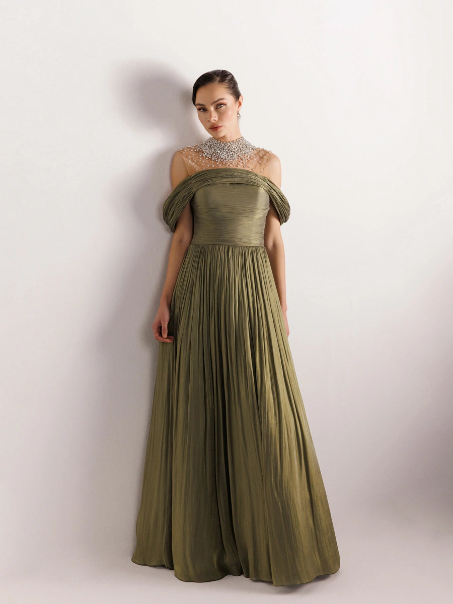 25159-Straplez Görünümlü Pliseli Kabarık Elbise