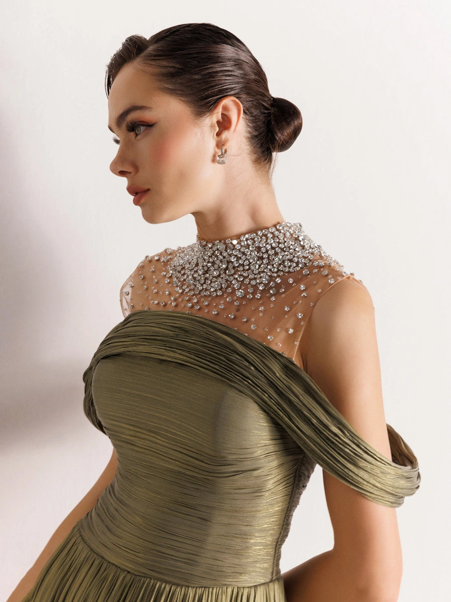 25159-Straplez Görünümlü Pliseli Kabarık Elbise