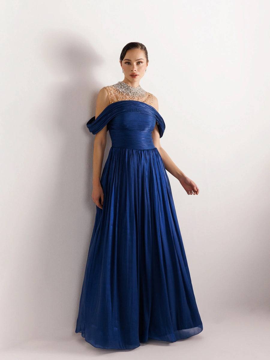 25159-Straplez Görünümlü Pliseli Kabarık Elbise