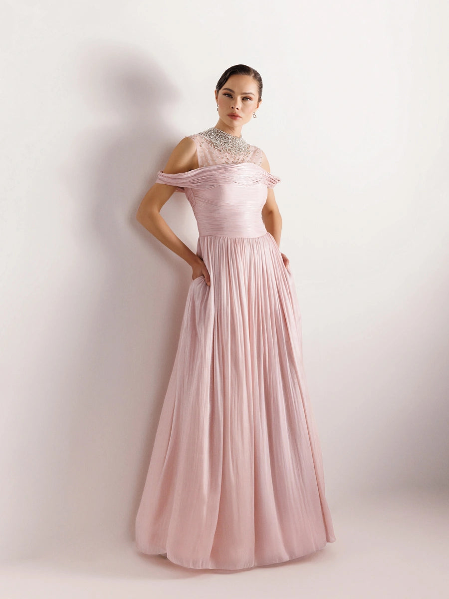 25159-Straplez Görünümlü Pliseli Kabarık Elbise