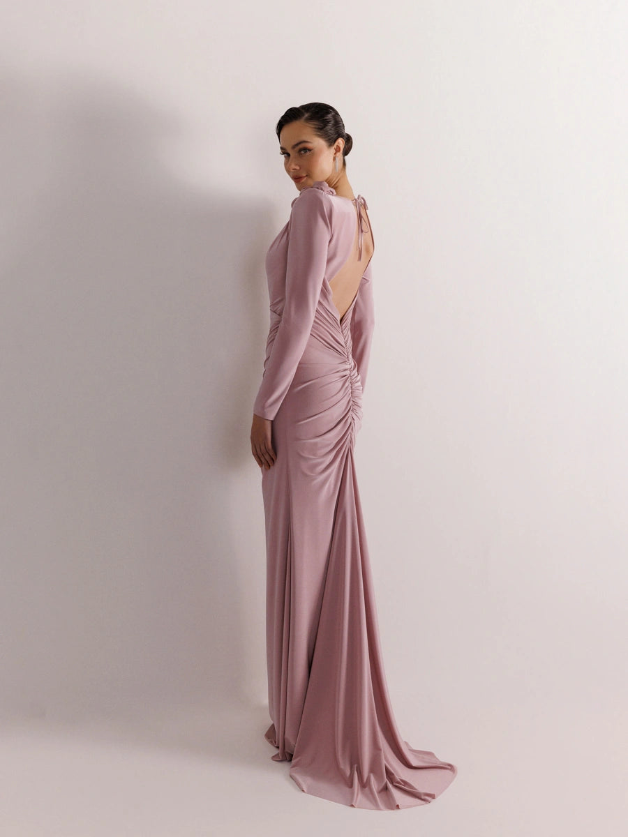 25160-Sırt Dekolteli Çiçek Detaylı Yırtmaçlı Balık Elbise