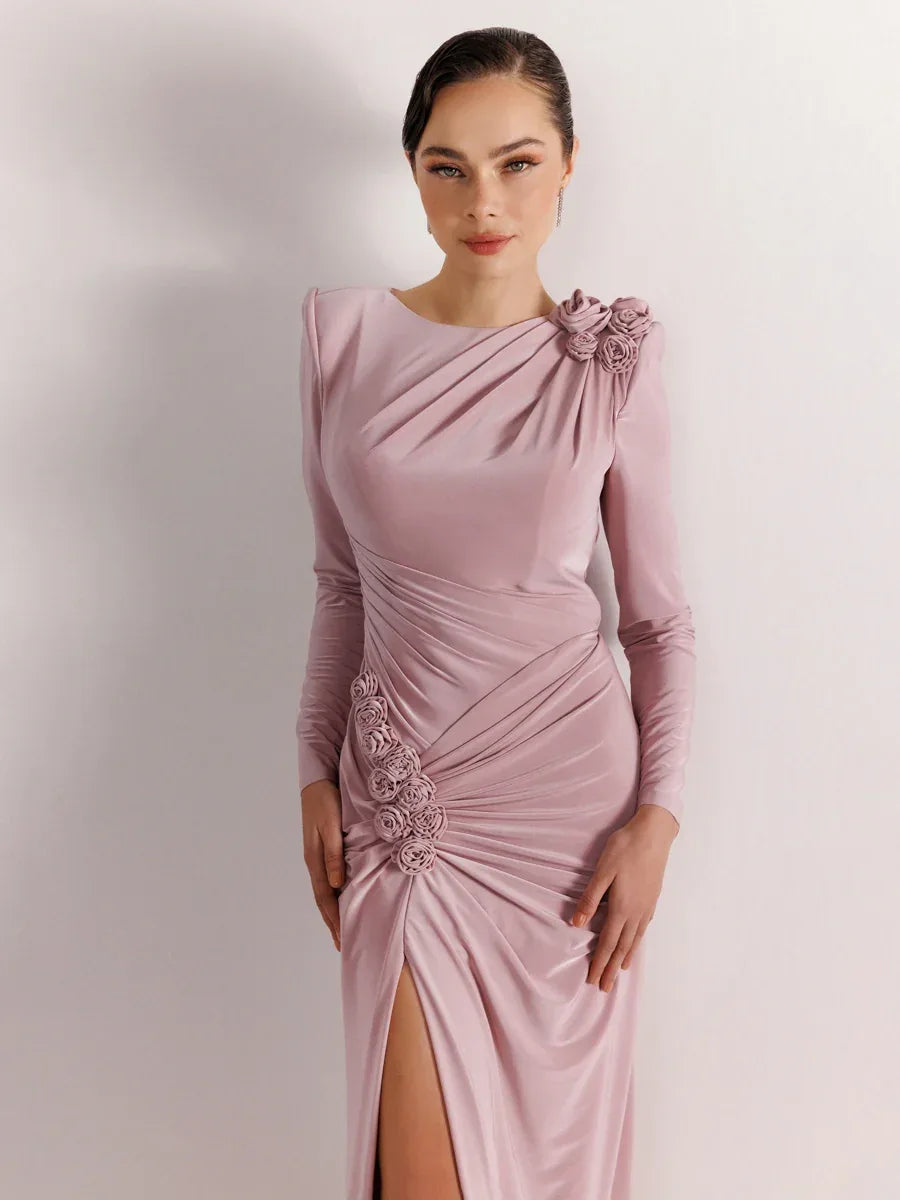 25160-Sırt Dekolteli Çiçek Detaylı Yırtmaçlı Balık Elbise - Kenzel