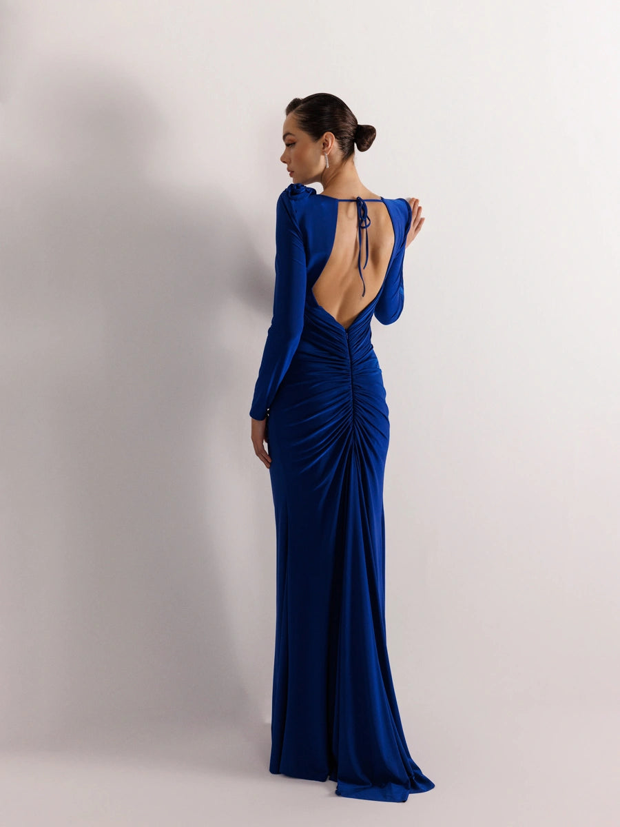 25160-Sırt Dekolteli Çiçek Detaylı Yırtmaçlı Balık Elbise