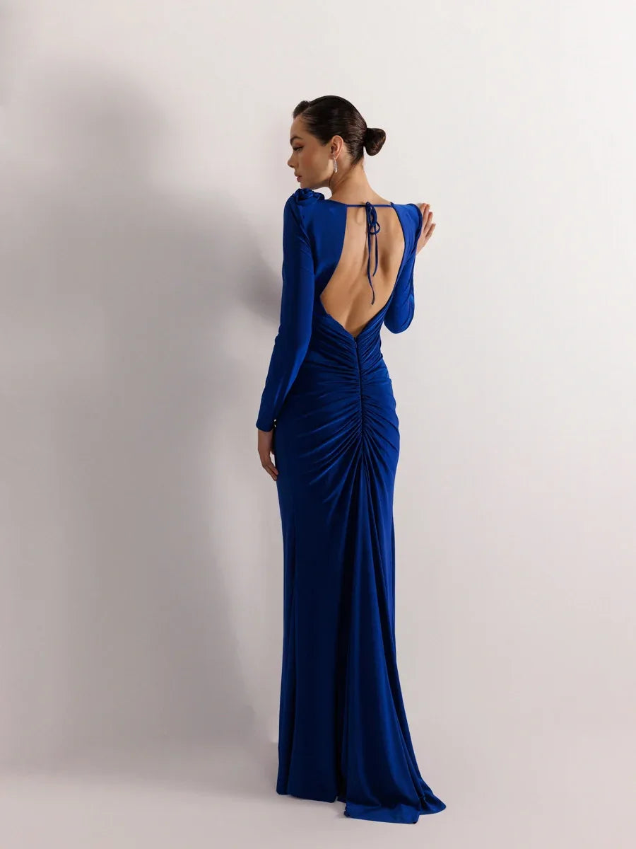 25160-Sırt Dekolteli Çiçek Detaylı Yırtmaçlı Balık Elbise - Kenzel