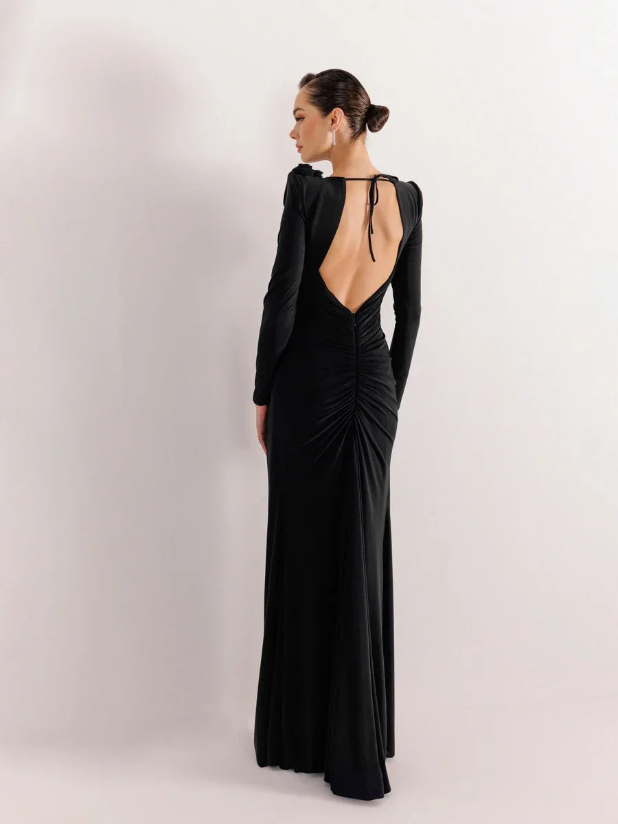 25160-Sırt Dekolteli Çiçek Detaylı Yırtmaçlı Balık Elbise - Kenzel