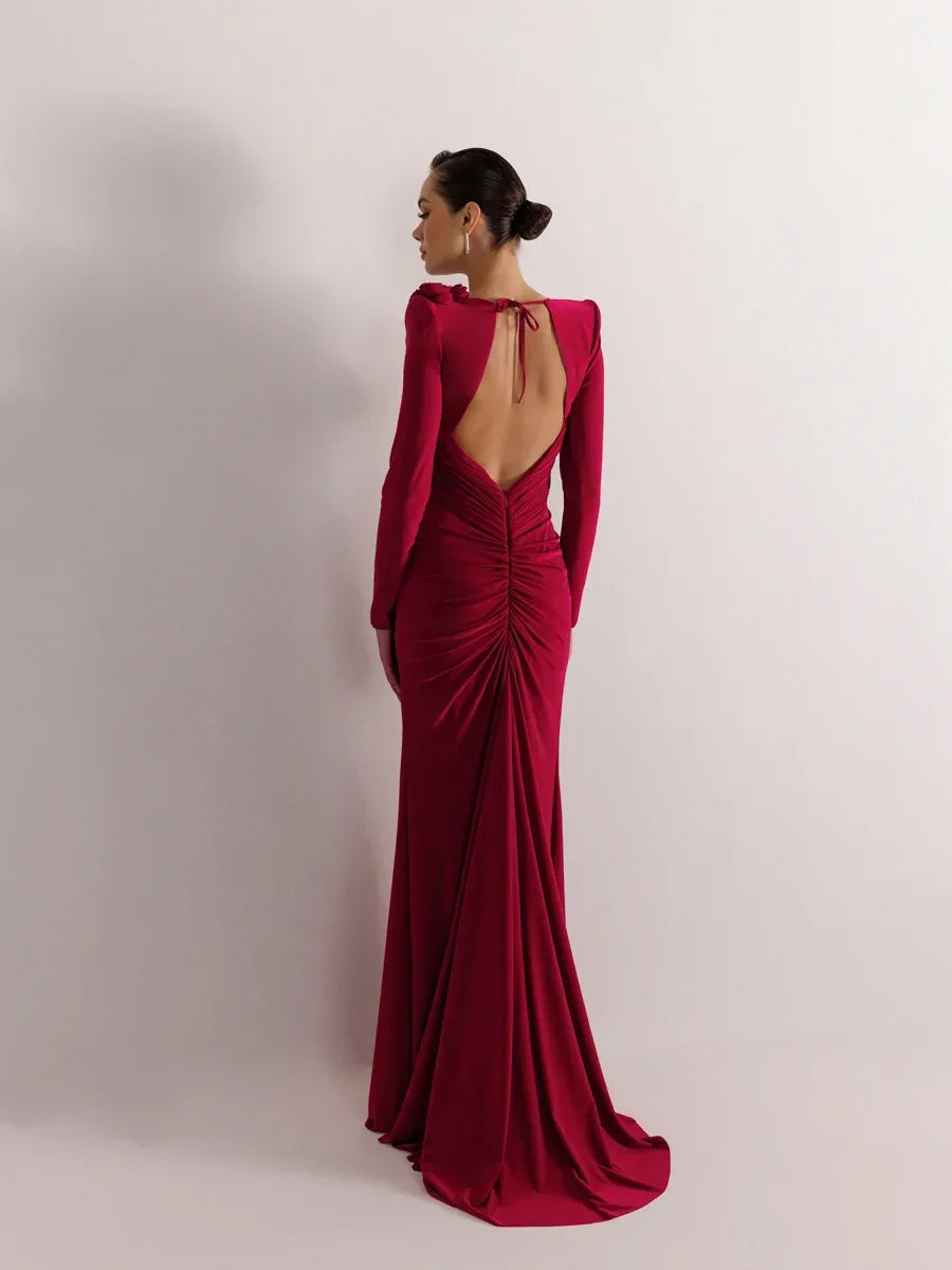 25160-Sırt Dekolteli Çiçek Detaylı Yırtmaçlı Balık Elbise - Kenzel