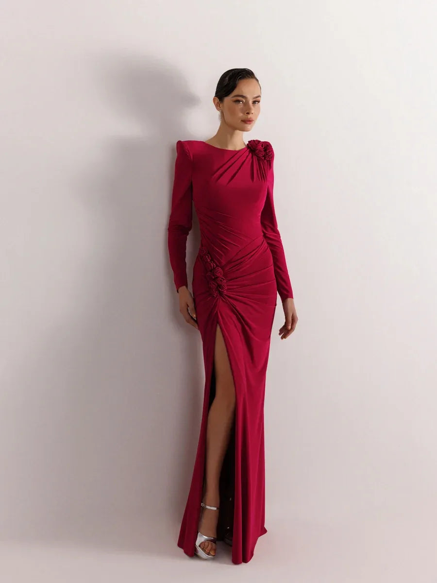 25160-Sırt Dekolteli Çiçek Detaylı Yırtmaçlı Balık Elbise - Kenzel