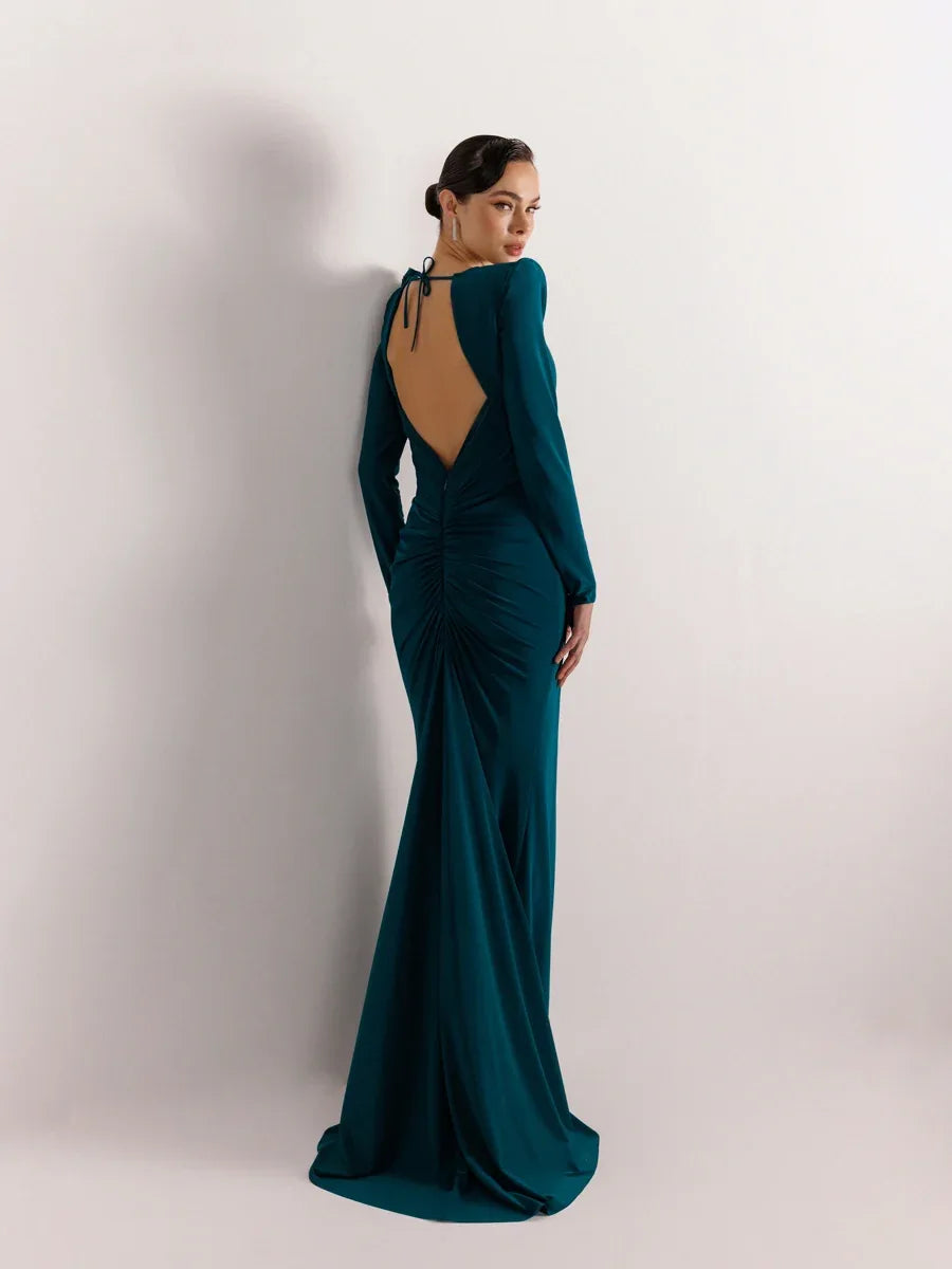 25160-Sırt Dekolteli Çiçek Detaylı Yırtmaçlı Balık Elbise - Kenzel