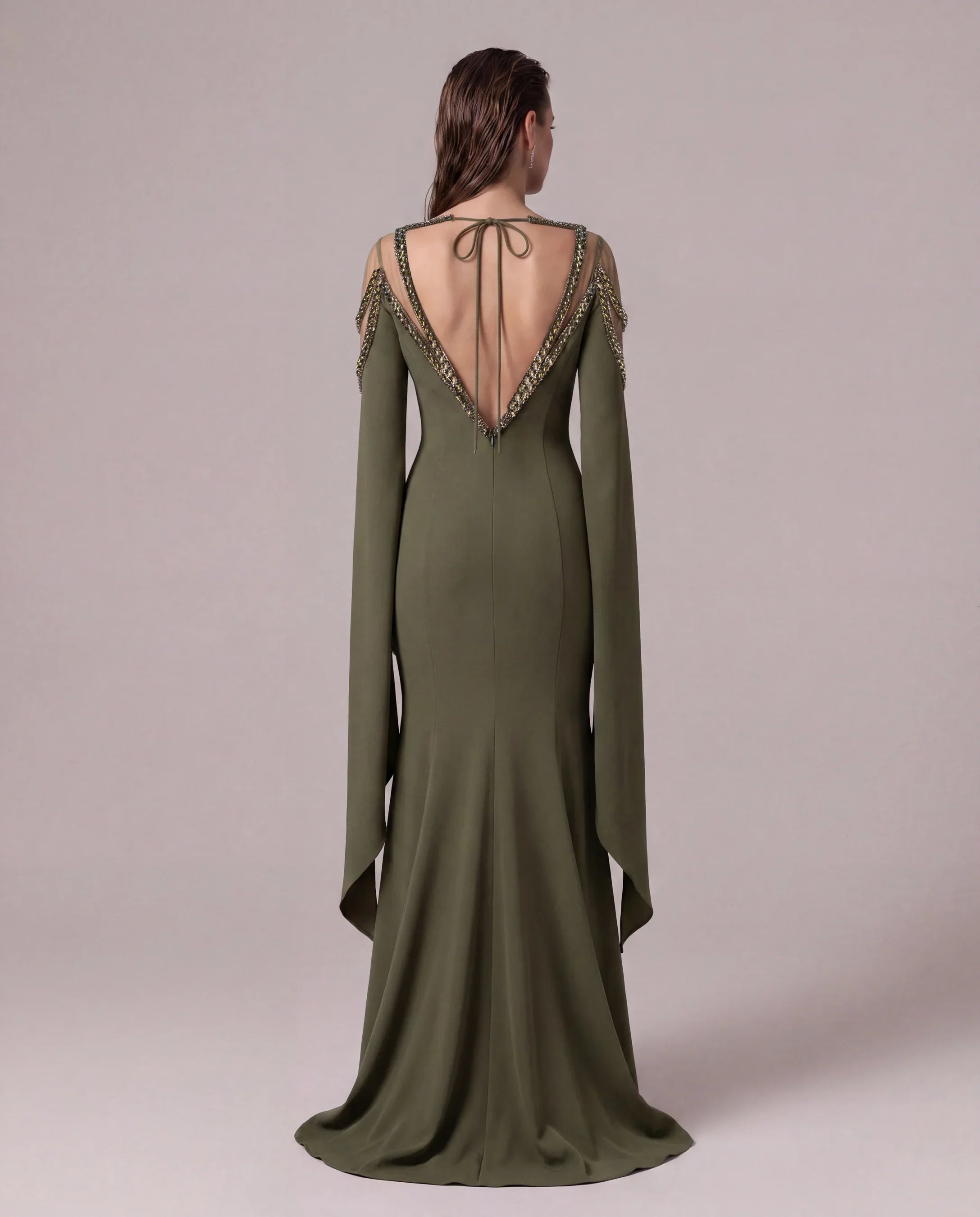 25162-Stone Embellished Transparent Neck Evening Dress