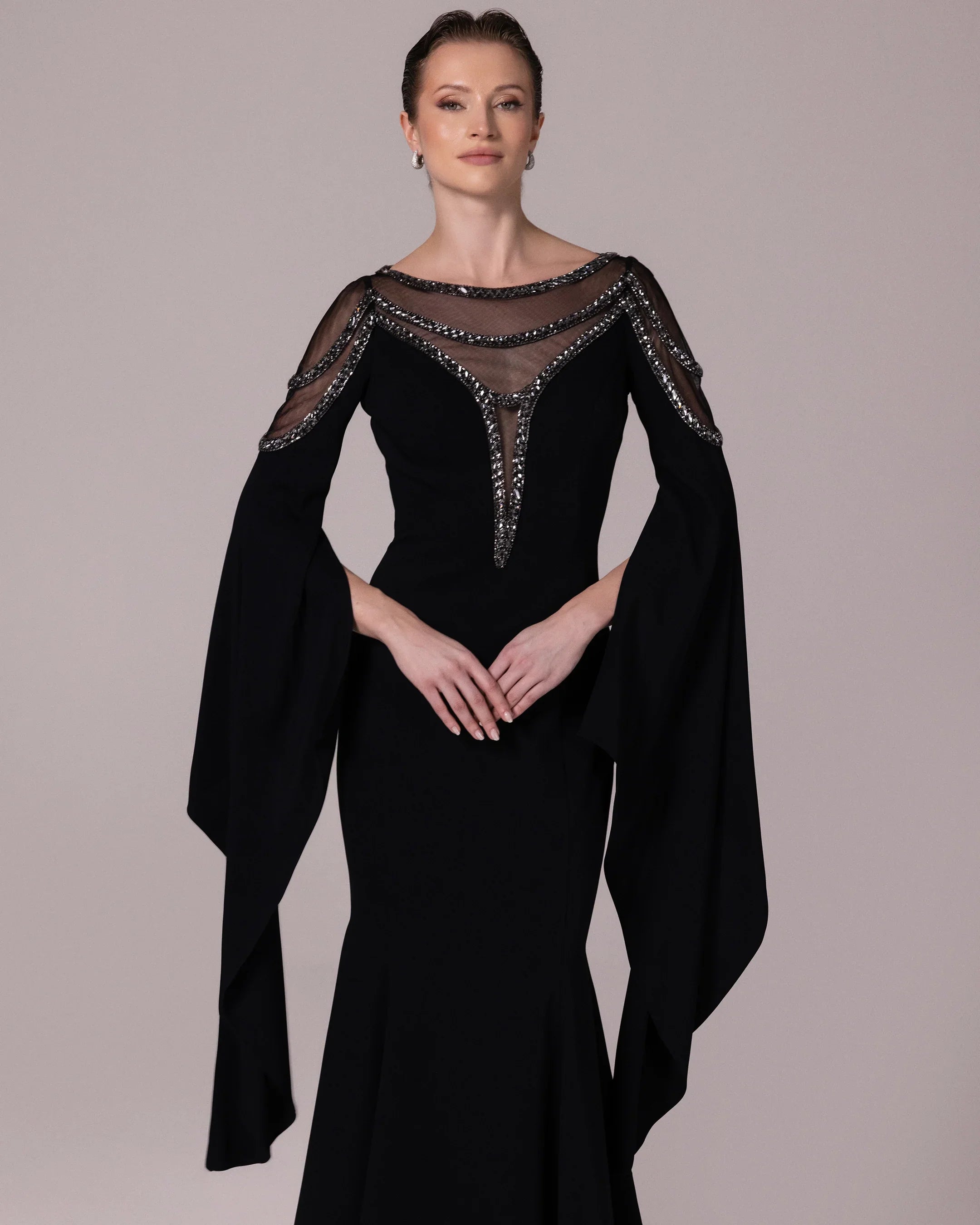 25162-Stone Embellished Transparent Neck Evening Dress