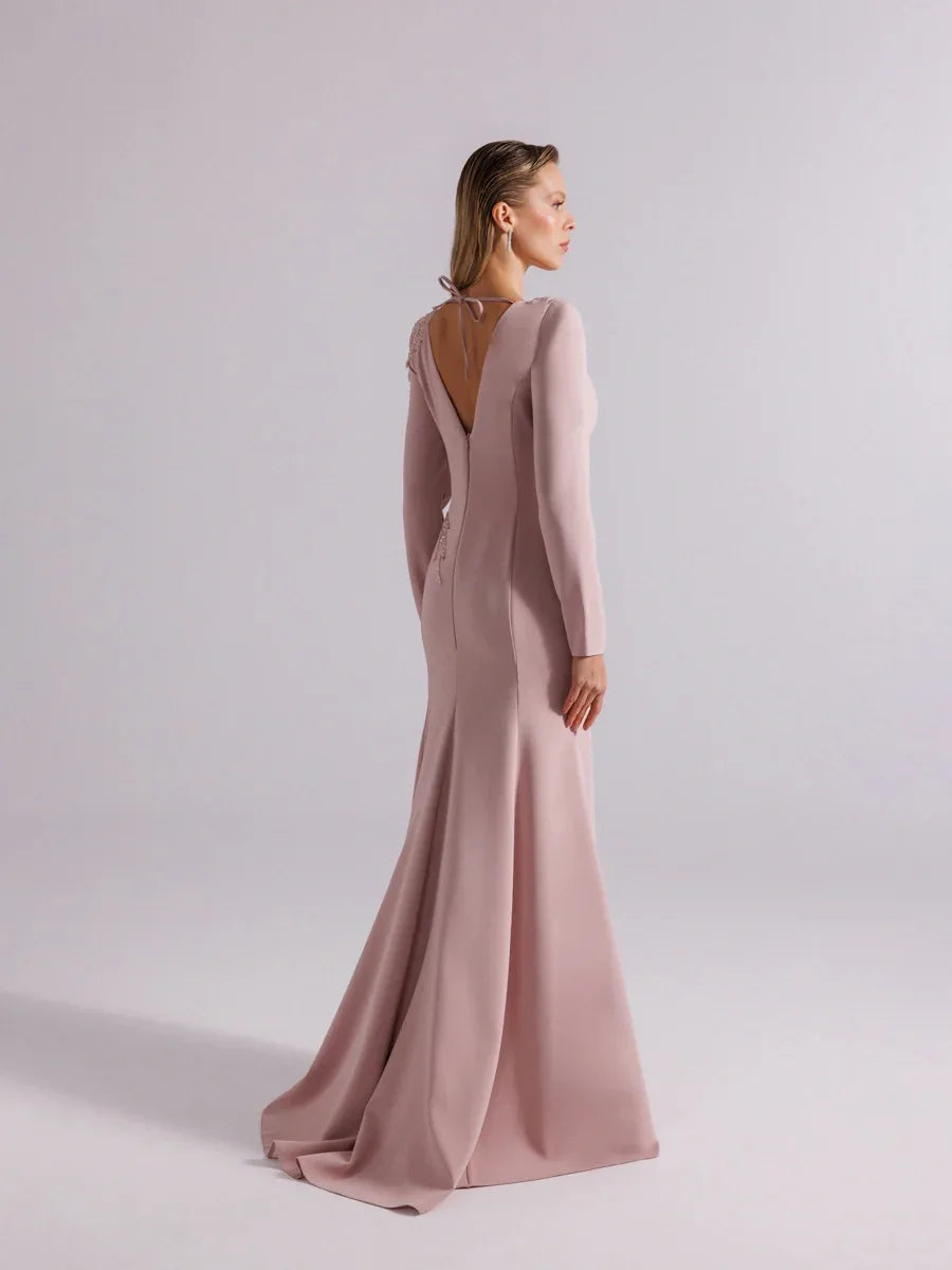 25167-Uzun Kollu Transparan Detaylı Yırtmaçlı Abiye Elbise - Kenzel