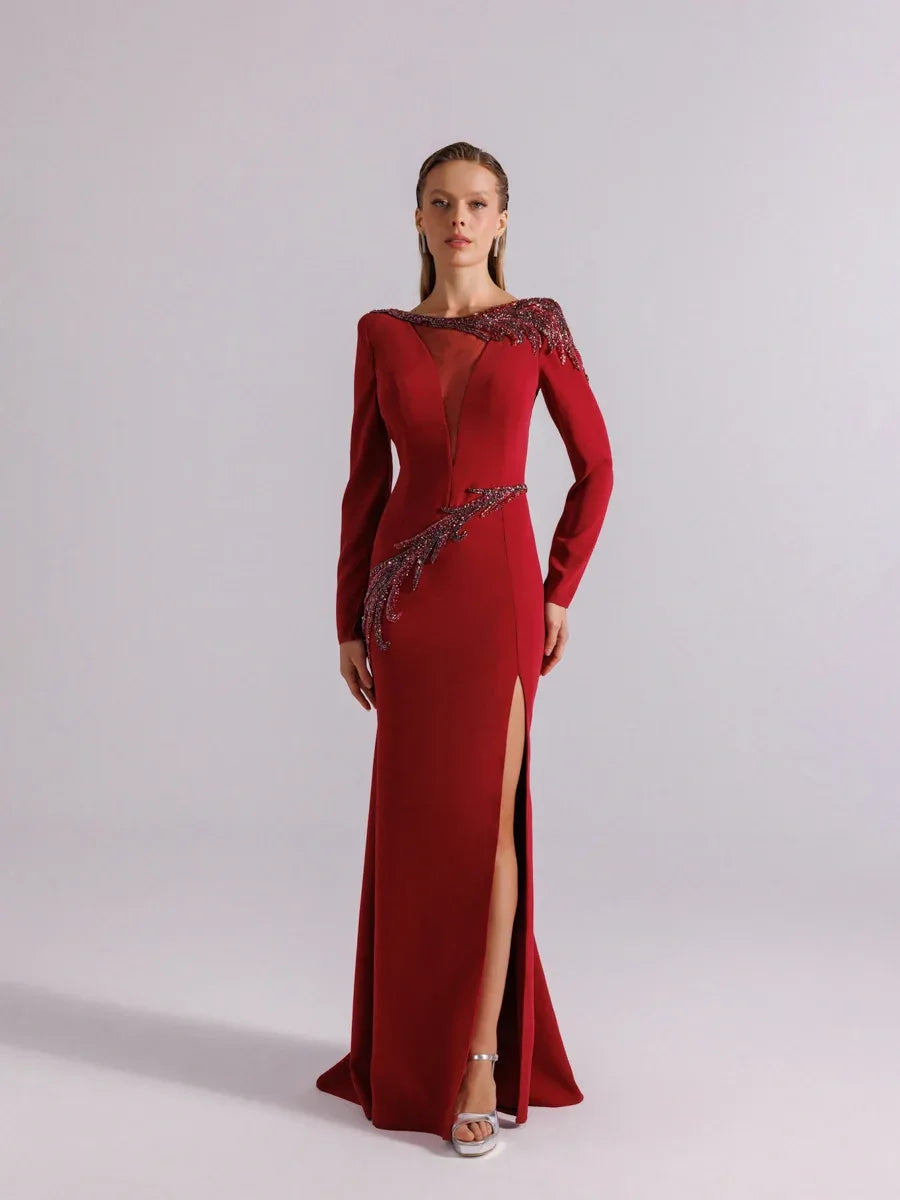 25167-Uzun Kollu Transparan Detaylı Yırtmaçlı Abiye Elbise - Kenzel