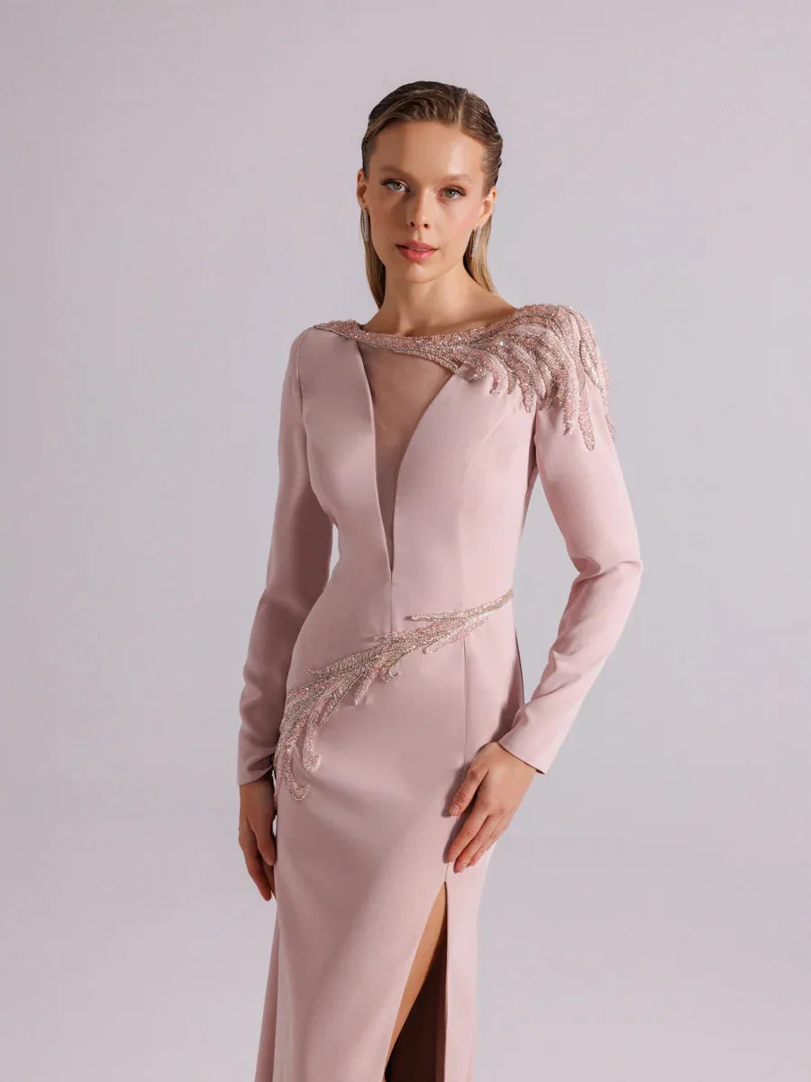 25167-Uzun Kollu Transparan Detaylı Yırtmaçlı Abiye Elbise - Kenzel