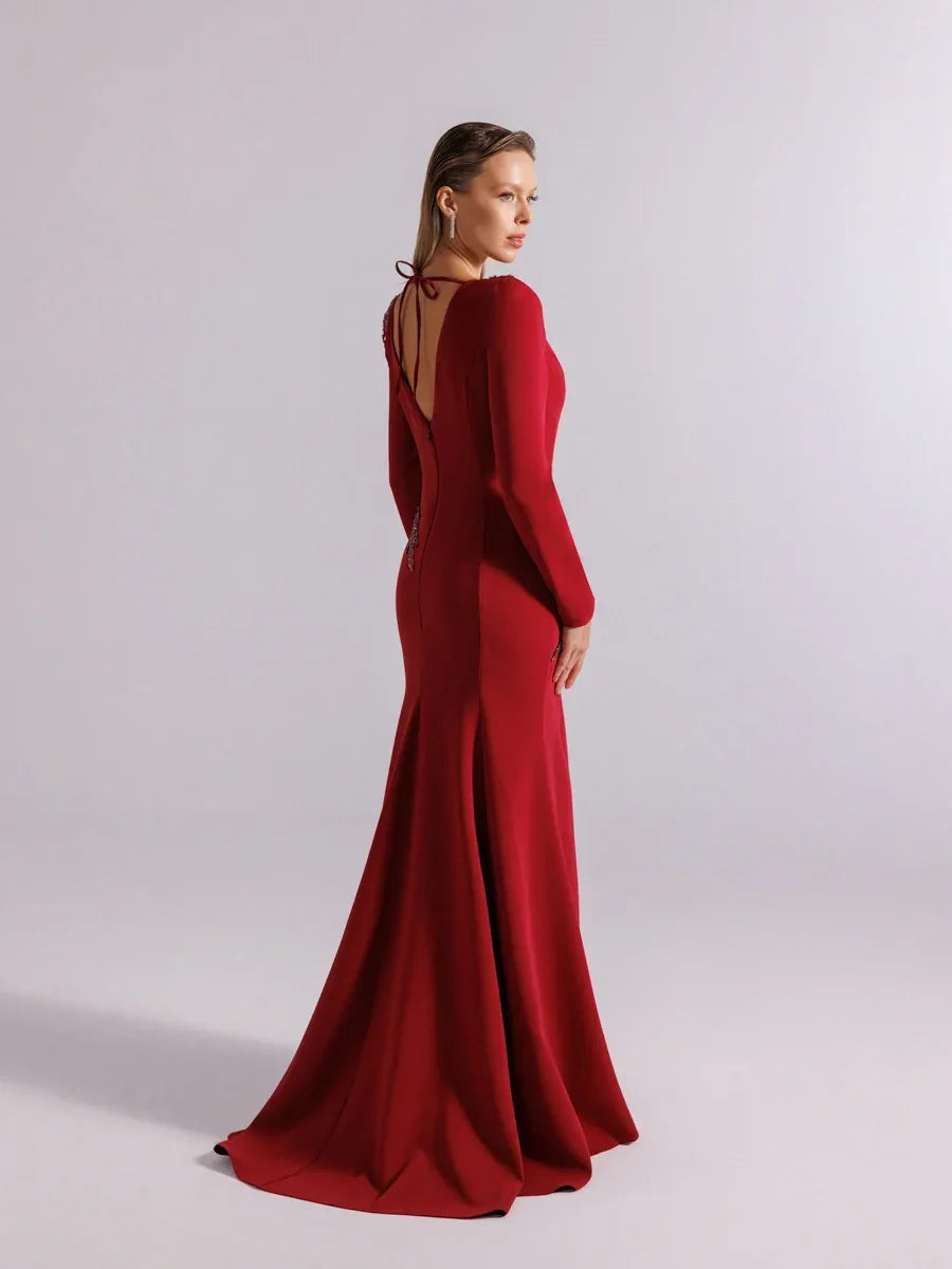 25167-Uzun Kollu Transparan Detaylı Yırtmaçlı Abiye Elbise - Kenzel