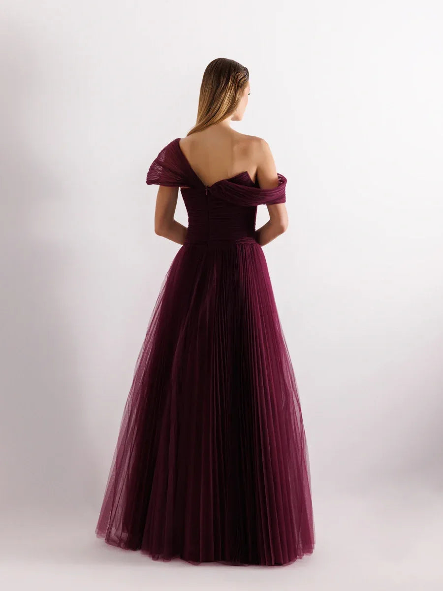 25168-Düşük Omuz Piliseli Kabarık Abiye Elbise - Kenzel