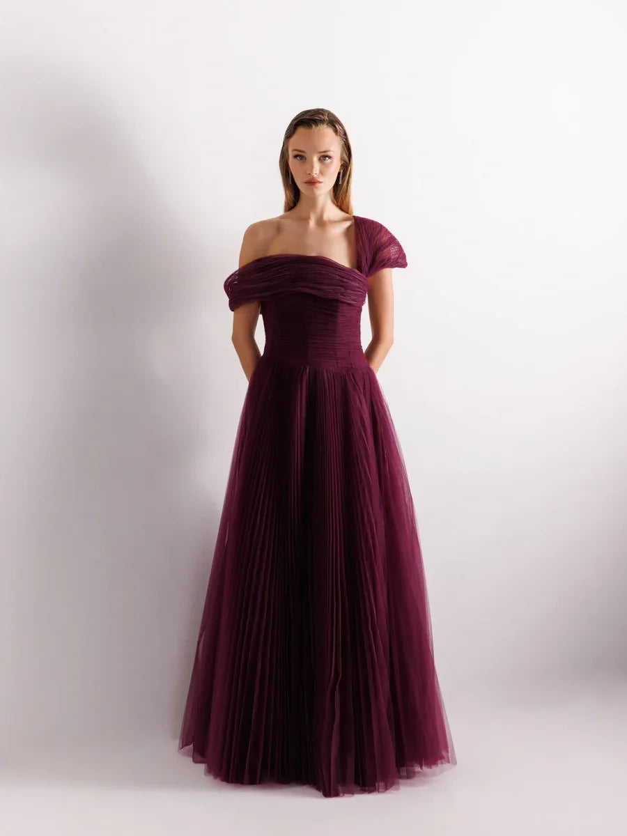 25168-Düşük Omuz Piliseli Kabarık Abiye Elbise - Kenzel