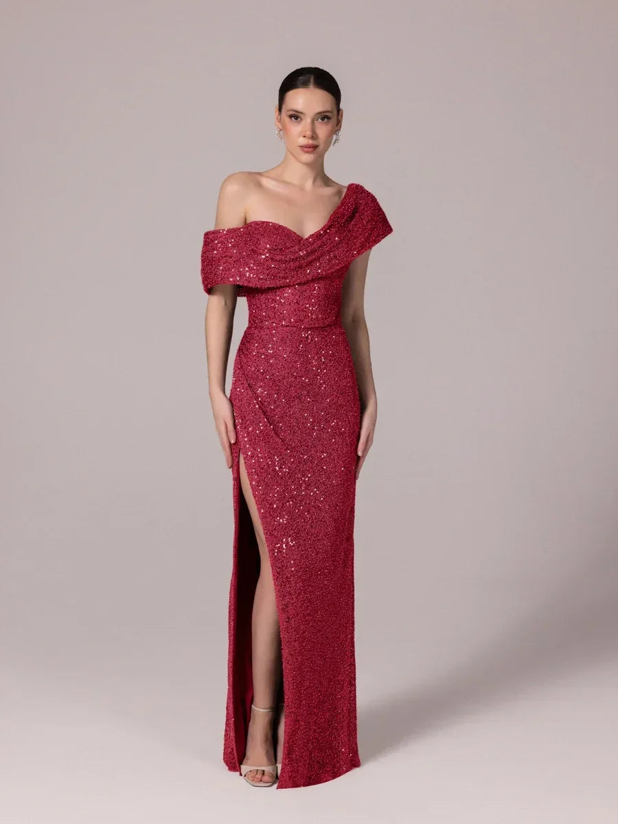 25173-Yaka Detaylı Pullu Payet Örme Abiye Elbise - Kenzel