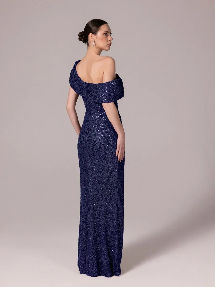 25173-Yaka Detaylı Pullu Payet Örme Abiye Elbise - Kenzel