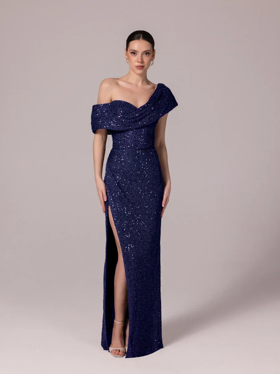 25173-Yaka Detaylı Pullu Payet Örme Abiye Elbise - Kenzel