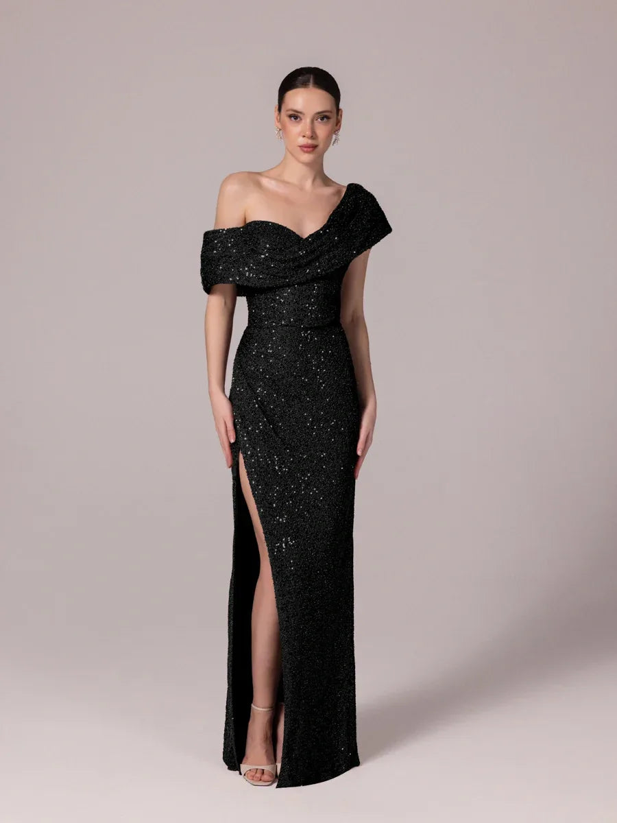 25173-Yaka Detaylı Pullu Payet Örme Abiye Elbise - Kenzel