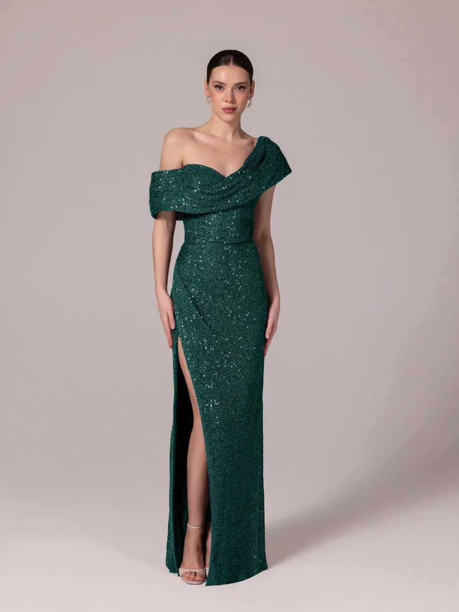 25173-Yaka Detaylı Pullu Payet Örme Abiye Elbise - Kenzel