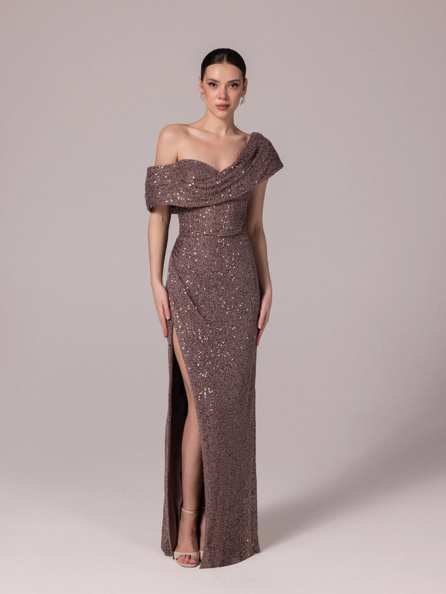 25173-Yaka Detaylı Pullu Payet Örme Abiye Elbise