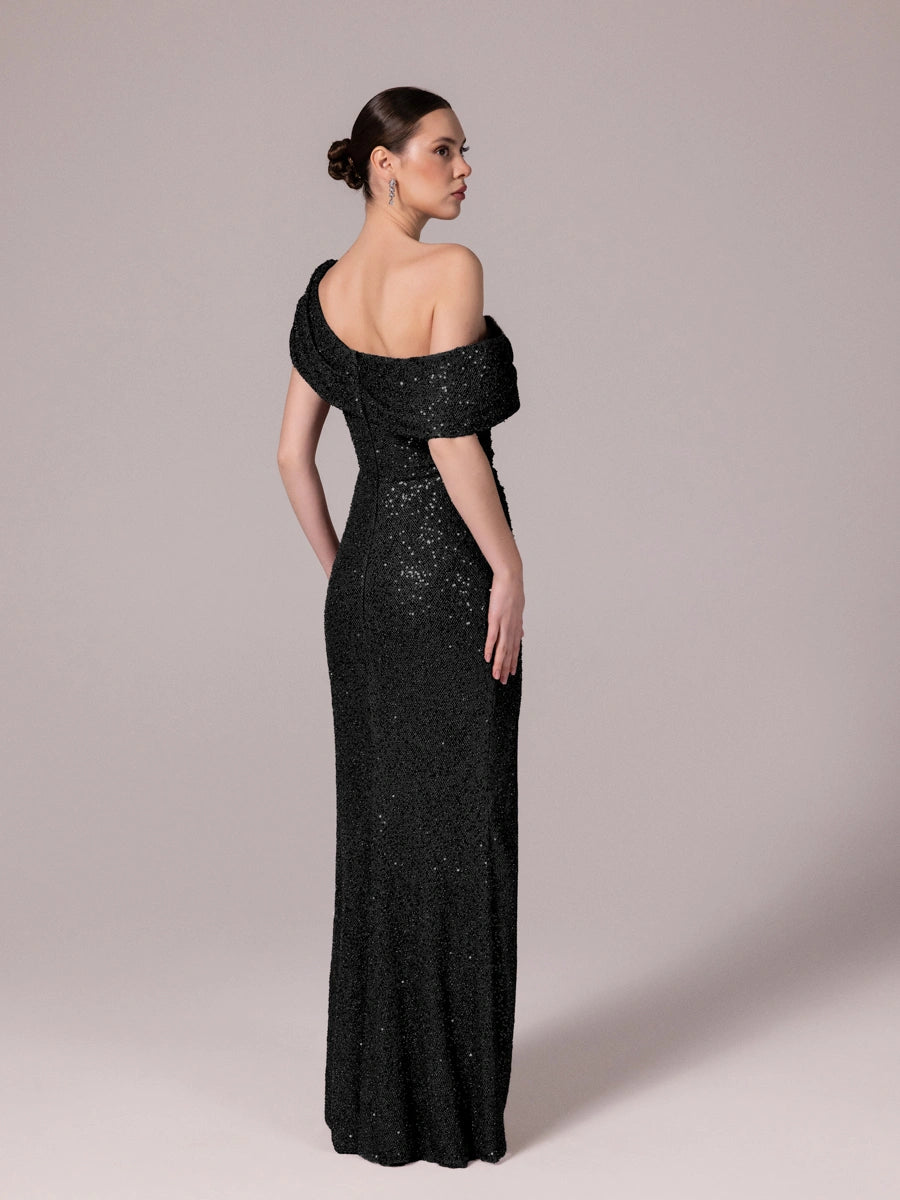 25173-Yaka Detaylı Pullu Payet Örme Abiye Elbise